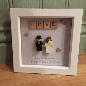 Personalised Wedding Lego bride & groom picture, 'LOVE' title, made with Lego characters, hand-made