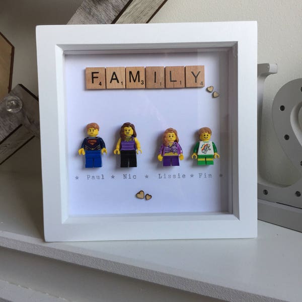 Hand made, personalised lego family picture in wooden box frame