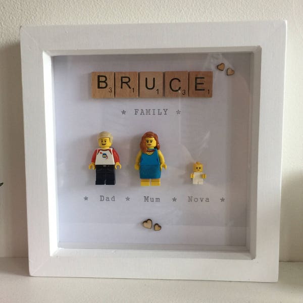 Hand made, personalised Lego FAMILY picture made with mini-figures, fixed in wooden box frame. Great gift for weddings, birthdays, occasions