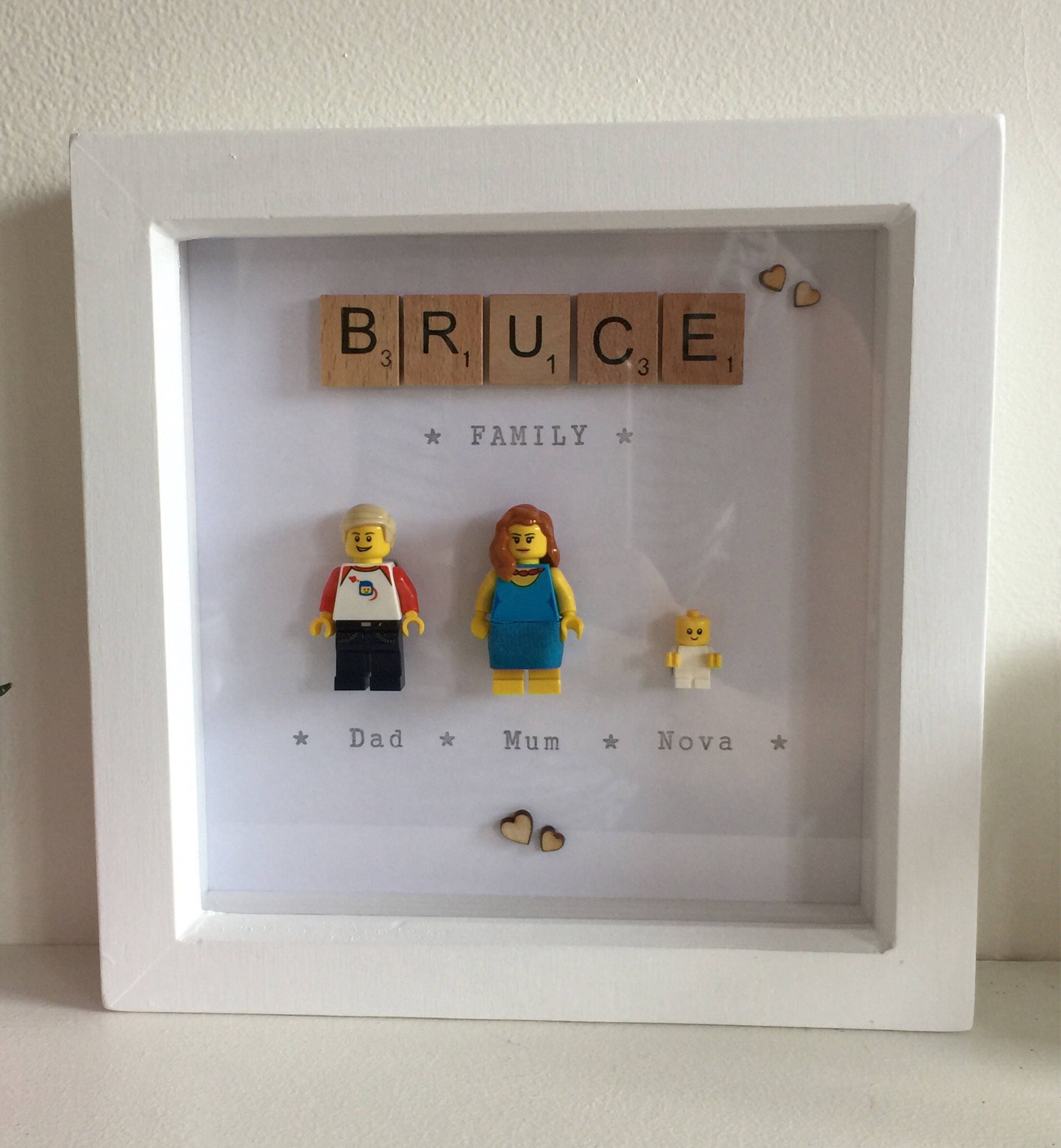 Hand made, personalised Lego FAMILY picture made with mini-figures, fixed  in wooden box frame. Great gift for weddings, birthdays, occasions