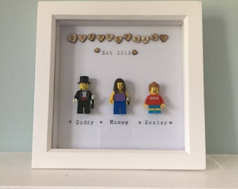 Hand made, personalised family picture made with Lego in wooden frame - various characters