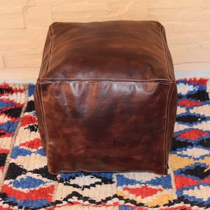 Moroccan leather, ottoman square dark tan pouf,handmade pouf, footstool,furniture,boho ottoman,leather gift