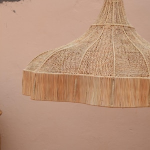 Op de afbeelding: Geweven hanglamp in natuurlijk beige met een gefranjerde rand, hangend voor een lichtroze muur. Linksonder is een terracotta pot met planten te zien. De lamp is een decoratief element.