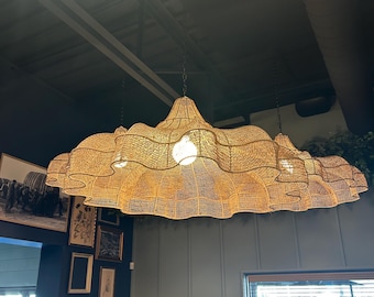 Grote hanglamp van rotan – handgemaakte geweven boho plafondlamp, lampenkap van natuurlijk riet, rustieke terrasverlichting in boerderijstijl