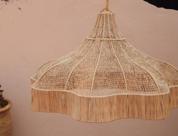 Natural Wicker Moroccan Chandelier – Boho Home Decor Ceiling Light, Handmade Lamp