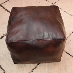 Moroccan leather Ottoman square dark brown pouf, Handmade square footstool,moroccan pouf cover