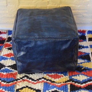 Leather ottoman pouf, ottoman square dark blue jeans pouf,handmade footstool,berber floor cushion
