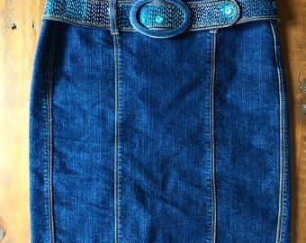 Upcycled denim embroidered pencil skirt with removable belt