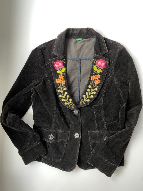 Hand Embroidered Black Corduroy Jacket Upcycled Jacket Linen
