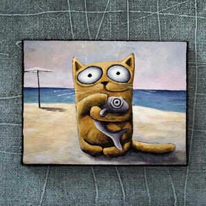 50x70cm Cat with Fish , cat Drawing, Cute Cat, Cat cartoon, black Cat big eyes cat