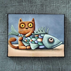 Gato con pez, dibujo de gato, gato lindo, dibujo de gato, 50 x 70 cm