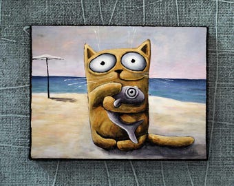 Cat with Fish , cat Drawing, Cute Cat, Cat cartoon, black Cat big eyes cat