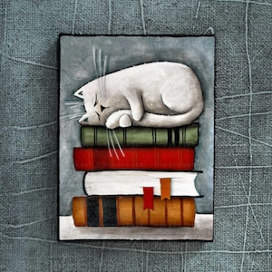 Gato en los libros, dibujo de gato, gato lindo, dibujos animados de gato, decoración de sala de lectura, ivan glock