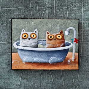 cats in the bathroom, cat print, print of original art painting, 7&quot; x 9,4&quot;,
