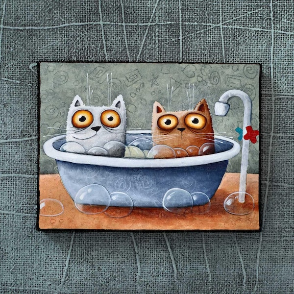 Gatos en el baño, impresión de gato, impresión de pintura de arte original, 7 "x 9,4",