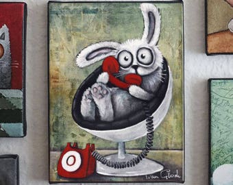 Telephone bunny, Print of original acrylic painting, - Berlin , white rabbit, Modern Art Print telephone Rabbit