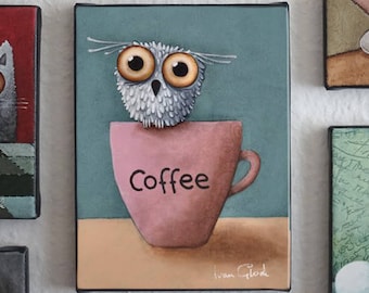 Coffee Owl , Owl Drawing, Cute owl, Owl cartoon, big eyes Owl