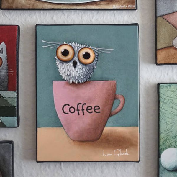 Kaffee Eule, Eule Zeichnung, Süße Eule, Eule Cartoon, große Augen Eule