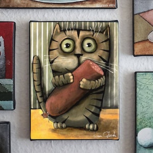 Cat with sausage, Print of original painting, Ivan Glock , illustration, wall art, Kids Room Poster, image 1