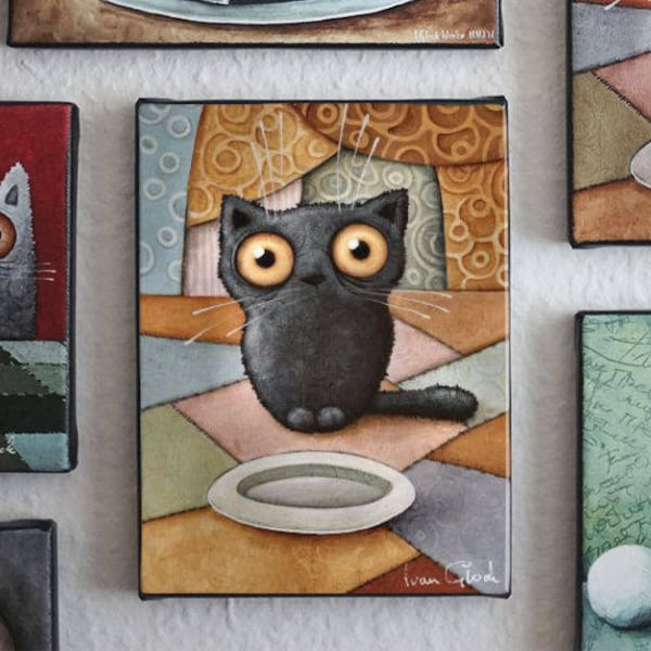 Gato hambriento, dibujo de gato, gato lindo, caricatura de gato, gato negro schwarze Katze