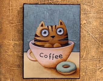 Chat dans la tasse à café, Tirage d’art de l’artiste berlinois Ivan Glock, Image, Impression