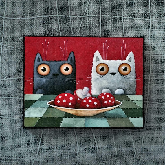 Katzen essen Pilze, Küchenbild, Moderne Kunst, Ivan Glock, Modernes Kinderzimmer Dekor, Fliegenpilz Fliegenpilz amanita