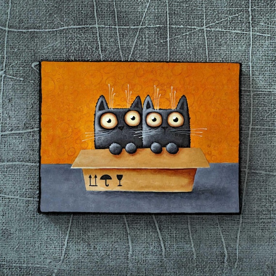 箱の中の猫、オリジナル絵画のプリント、イヴァン・グロック、黒 箱の中の猫、オリジナル絵画のプリント、イヴァン・グロック、黒