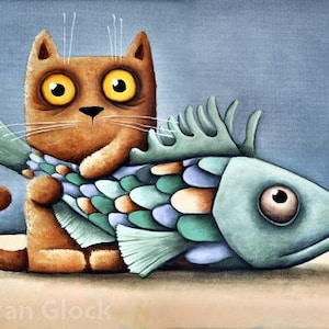 Cat with Fish, cat Drawing, Cute Cat, Cat cartoon, 50x70cm