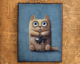 Katze mit fisch, Aquarium, Kunstdruck, Ivan Glock, Print, Schwarze Fisch