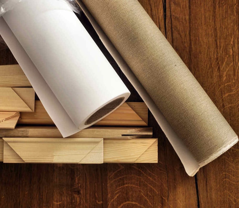May include: A roll of white canvas, a roll of beige canvas, and wooden stretcher bars for creating a painting.