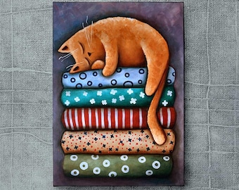 Cat on the towels, Modern Art Print, sleeping Cat, 50x70