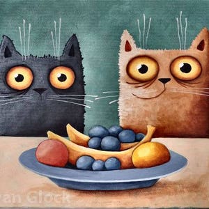 Cats eating Fruit, Kitchen Picture, Print of original painting, - Berlin Cat, black cat, Rad Cat, Vegan Cats