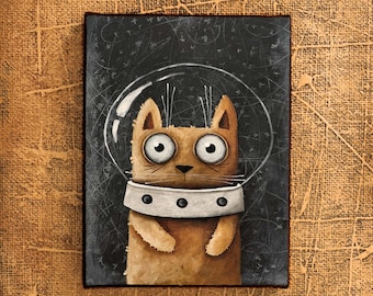 May include: A cartoon illustration of a brown cat wearing a white astronaut helmet with a black background. The cat has large, round eyes and a small, pink nose.