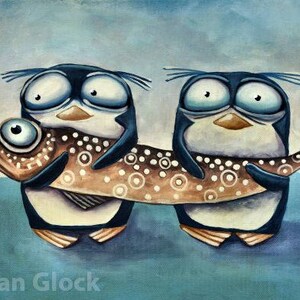 May include: Two cartoon penguins with blue and white bodies and black beaks are holding a brown and white fish with their beaks. The fish has a large blue eye. The background is a light blue.