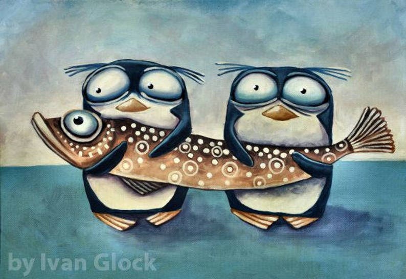 May include: Two cartoon penguins with blue and white bodies and black beaks are holding a brown and white fish with their beaks. The fish has a large blue eye. The background is a light blue.