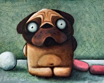 pug with sausage, Dog Drawing, Cute Dog, Dog cartoon, 50x70cm.