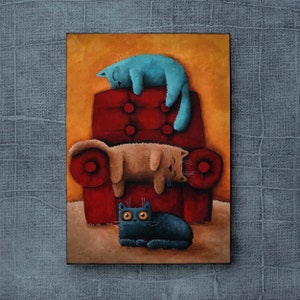 50x70cm Giclee Print, cats on the sofa, cat Drawing, Cute Cat, Cat cartoon, drei katzen