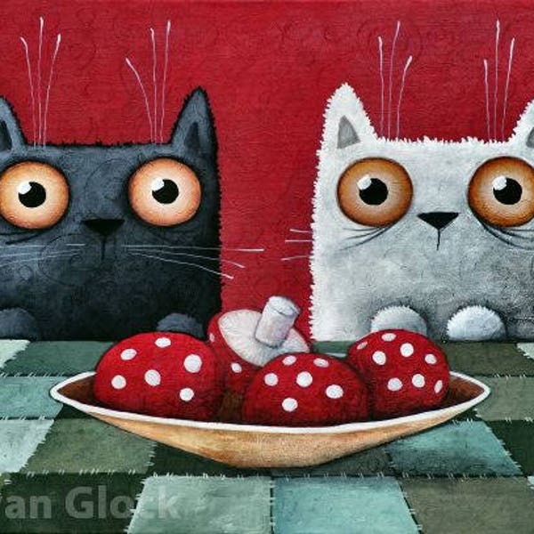 Katzen essen Pilze, Küchenbild, Moderne Kunst, Ivan Glock, Modernes Kinderzimmer Dekor, Fliegenpilz Fliegenpilz amanita