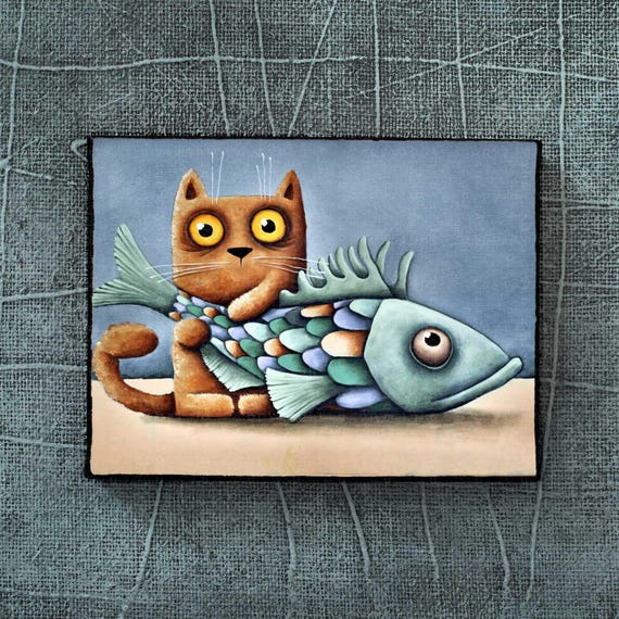 魚と猫、猫の絵、かわいい猫、猫の漫画、50 x 70 cm - Etsy 日本
