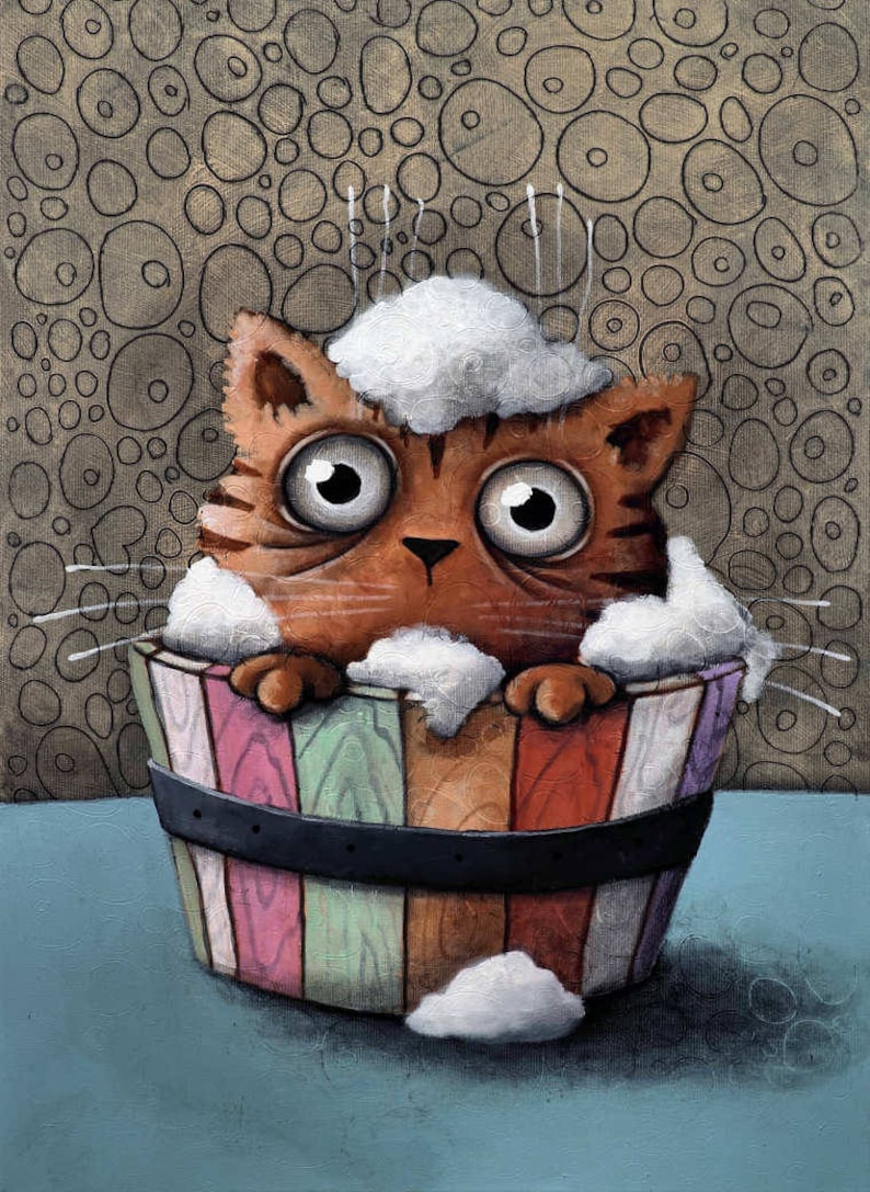 Cat in Bathtub Cat Print on Canvas Etsy