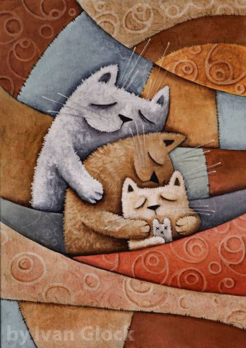 lovely sleeping Cats, Animal Wall Art, cat Drawing, funny Cat, cute Cat, cat Family image 2