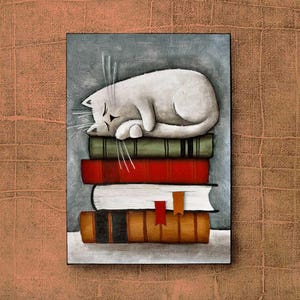 Cat on the books, cat Drawing, Cute Cat,Cat cartoon, reading room decor
