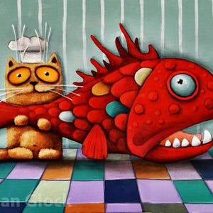 50x70cm,cook cat with fish, Kitchen Picture, Modern Art, Ivan Glock - Berlin Cat, Rad Fish Cook with Fish