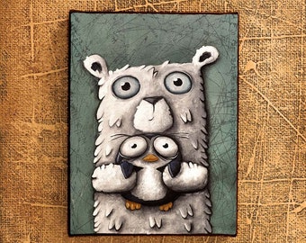 bear with penguin, print on canvas, white bear with penguin 18x24