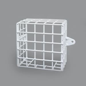 May include: A white, square wire cage with a rectangular grid pattern. The cage has a small, flat, rectangular attachment with a hole on one side. The object is made of metal and is painted white.