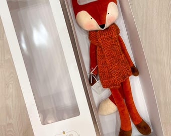 Handmade Velour Fox Plush – Cozy Scarf Toy – Soft Forest Animal Doll