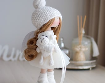 White angel doll with a sheep, Wedding gift for girl, Textile doll  angel, Doll with angel wings