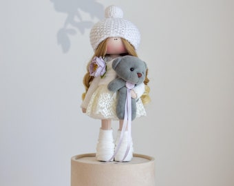 White Angel Doll with teddy bear, Decor doll with wings, Poseable Art Doll, Interior rag doll