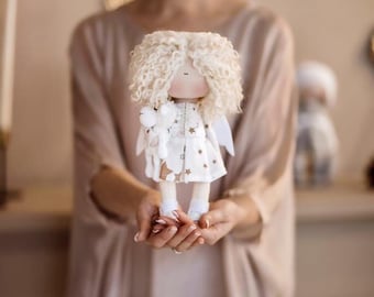 Minimalist style doll, Wedding gift, Rag doll, Textile doll, Doll angel, Doll with angel wings, Angel doll with a sheep