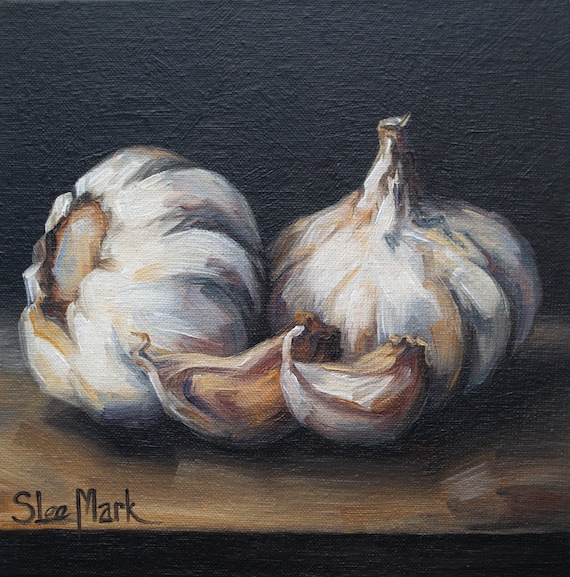 Garlic Original art 6x6 by S. Lee Mark - Stil life oil painting Fruit art Vegetable still life painting Small artwork Kitchen Decor